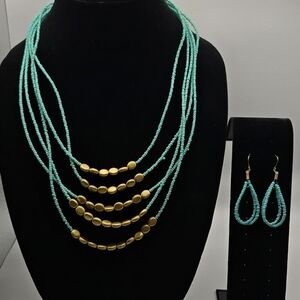 Mint Blue and Gold Beaded Necklace and Earring Set